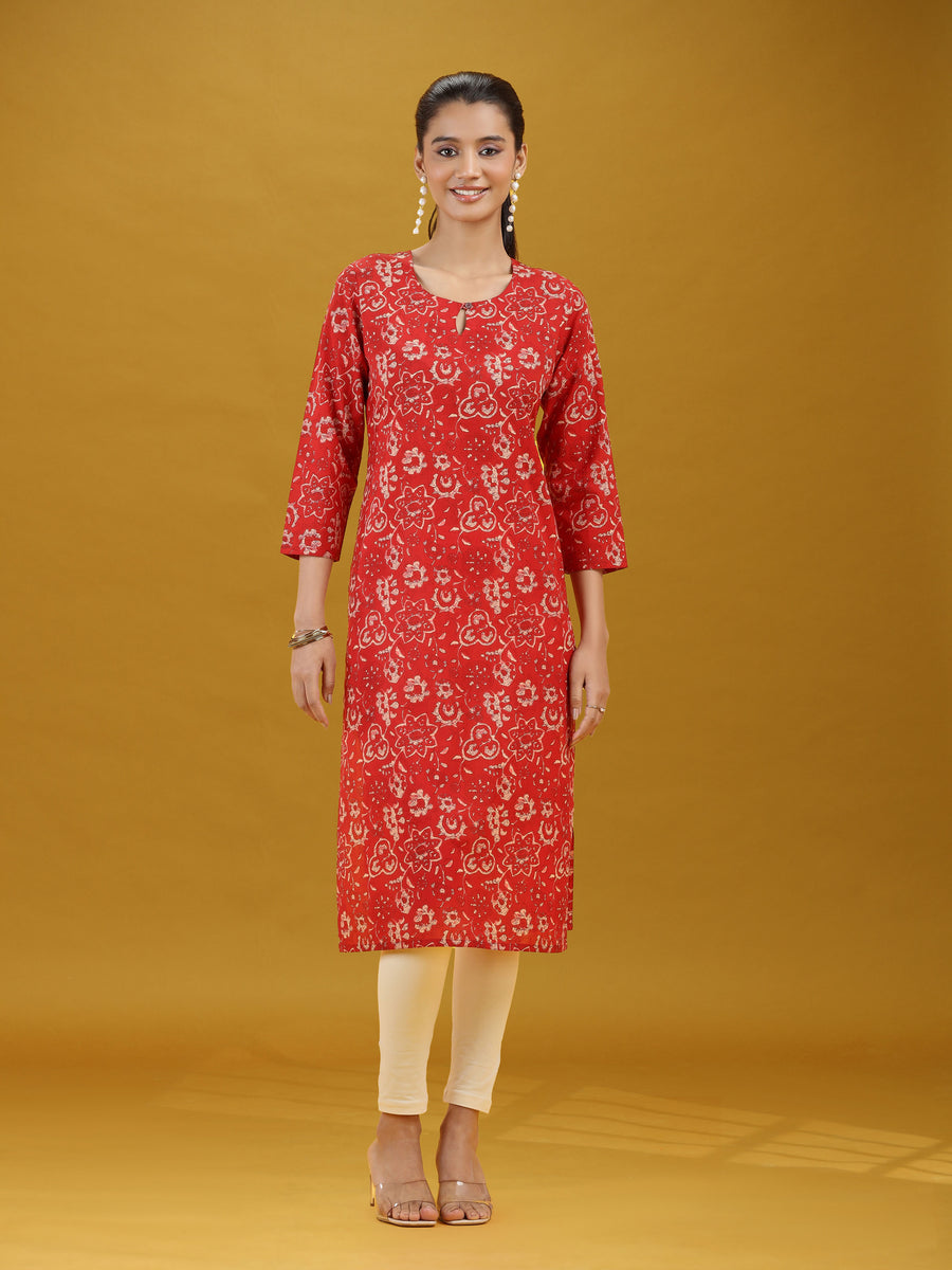 Dark Red Floral Printed Pure Cotton Straight Kurta