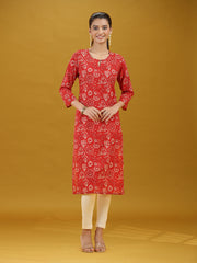 Dark Red Floral Printed Pure Cotton Straight Kurta
