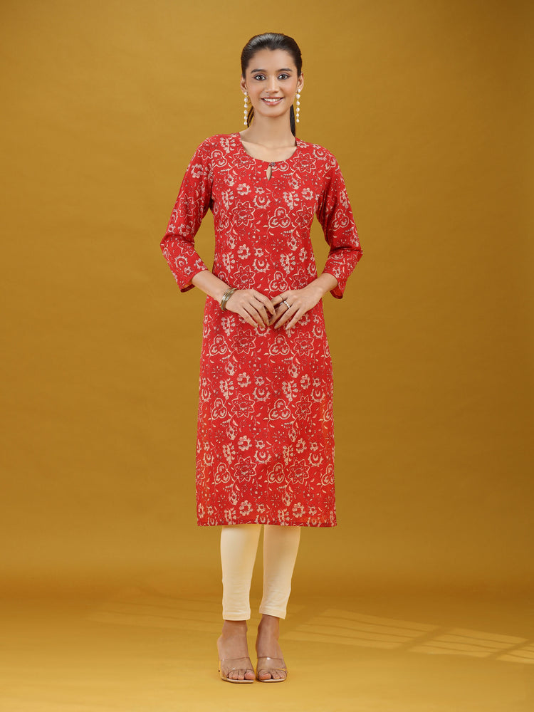 Dark Red Floral Printed Pure Cotton Straight Kurta