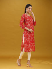 Dark Red Floral Printed Pure Cotton Straight Kurta