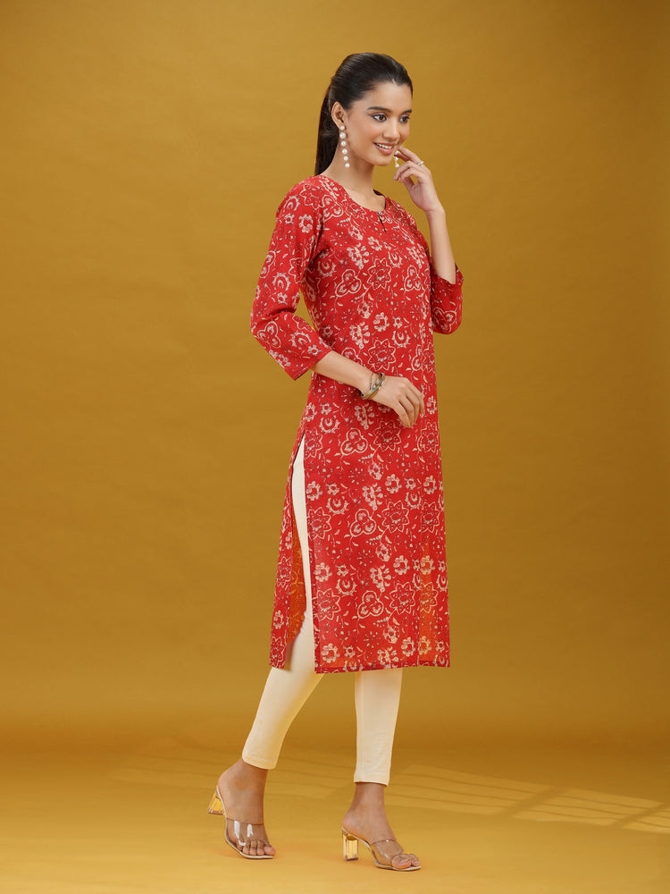 Dark Red Floral Printed Pure Cotton Straight Kurta