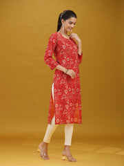 Dark Red Floral Printed Pure Cotton Straight Kurta