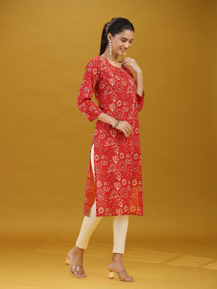 Dark Red Floral Printed Pure Cotton Straight Kurta