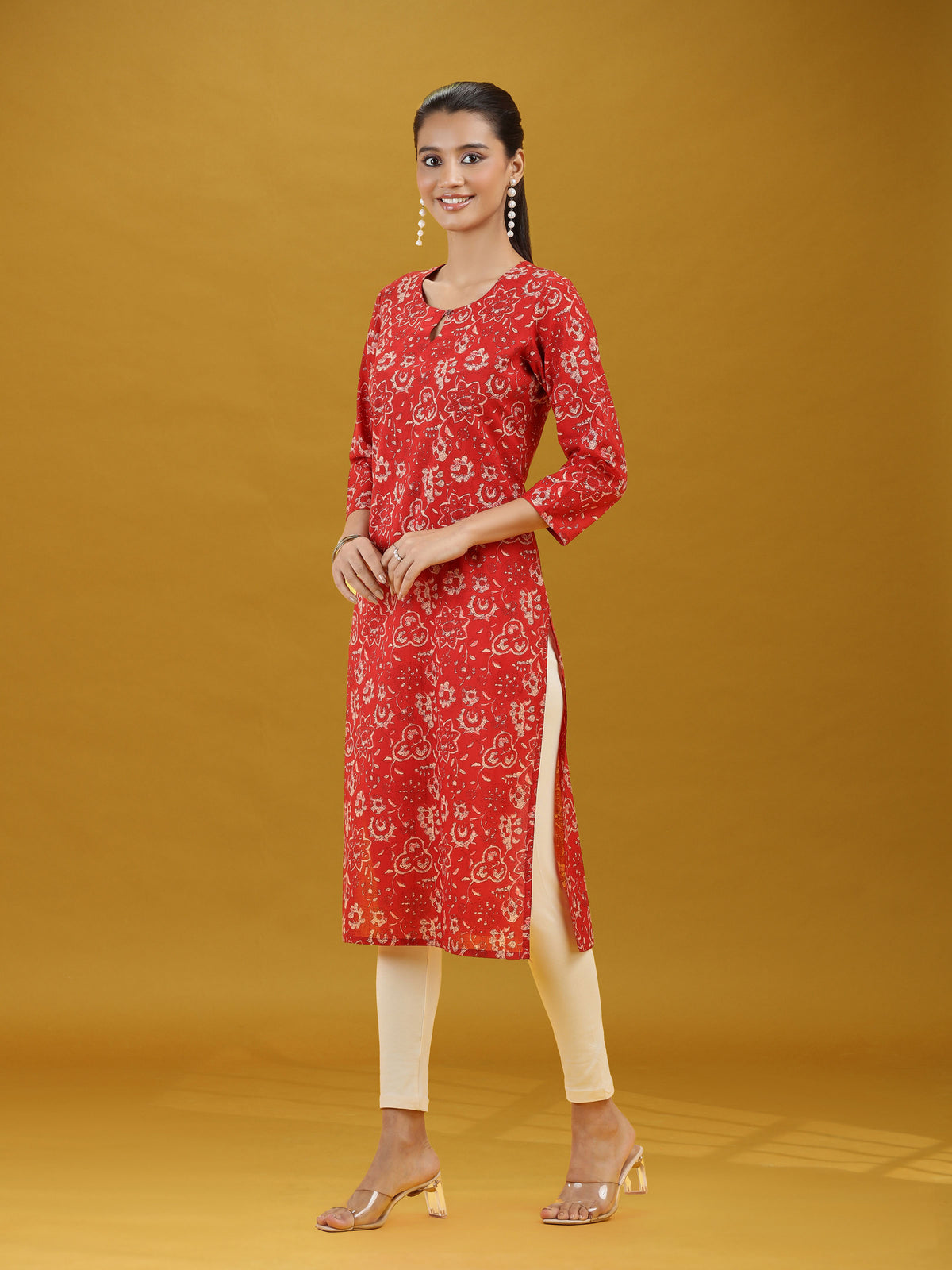 Dark Red Floral Printed Pure Cotton Straight Kurta