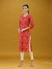 Dark Red Floral Printed Pure Cotton Straight Kurta