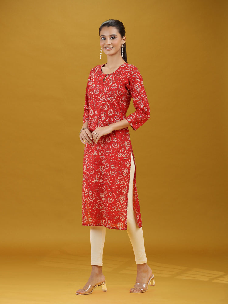 Dark Red Floral Printed Pure Cotton Straight Kurta