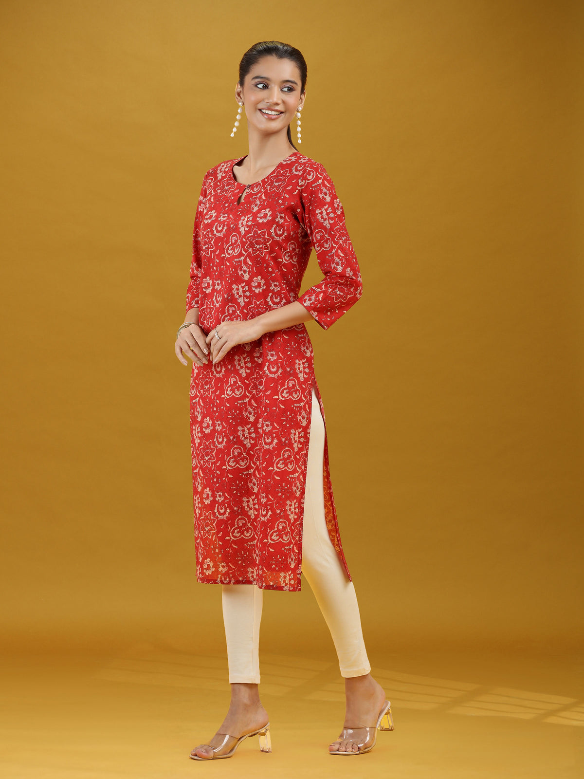 Dark Red Floral Printed Pure Cotton Straight Kurta