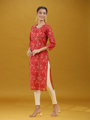Dark Red Floral Printed Pure Cotton Straight Kurta