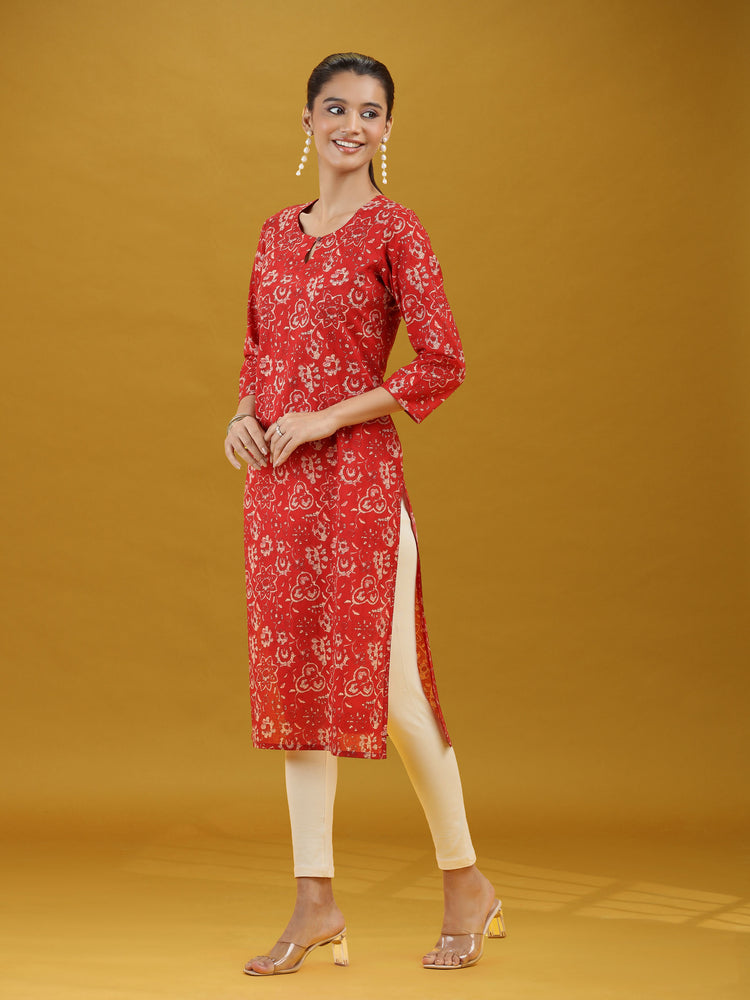 Dark Red Floral Printed Pure Cotton Straight Kurta