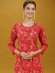 Dark Red Floral Printed Pure Cotton Straight Kurta