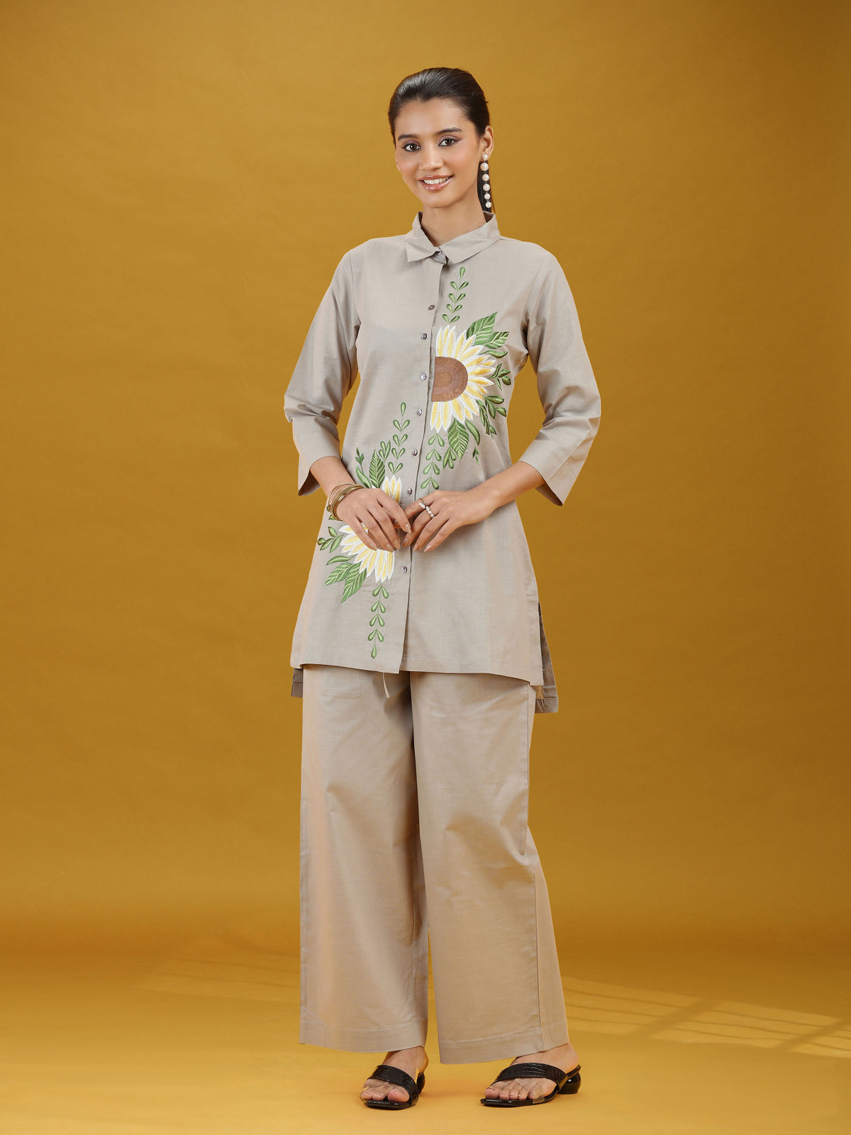 Grey Floral Sunflower Embroidered Pure Cotton Co-ord Set
