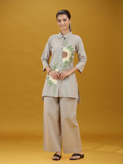 Grey Floral Sunflower Embroidered Pure Cotton Co-ord Set