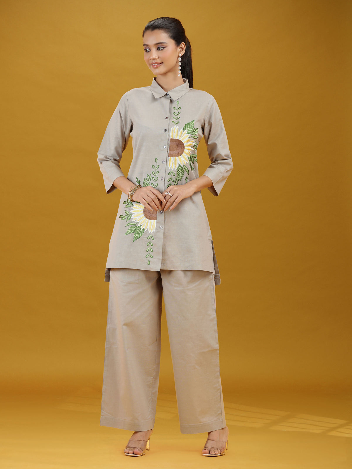 Grey Floral Sunflower Embroidered Pure Cotton Co-ord Set