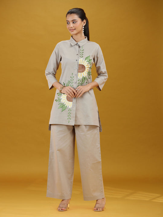 Grey Floral Sunflower Embroidered Pure Cotton Co-ord Set