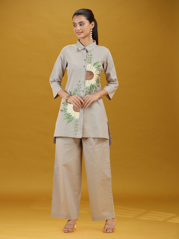 Grey Floral Sunflower Embroidered Pure Cotton Co-ord Set