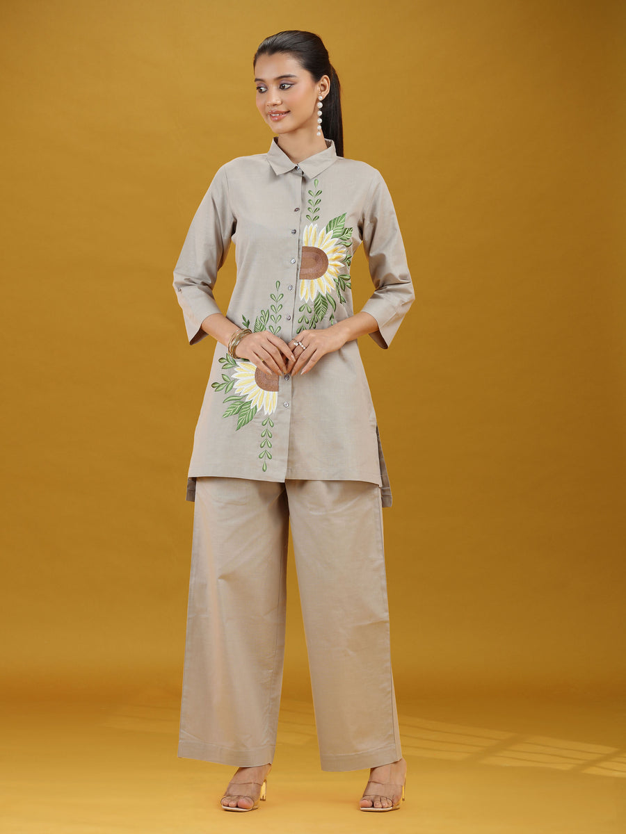 Grey Floral Sunflower Embroidered Pure Cotton Co-ord Set