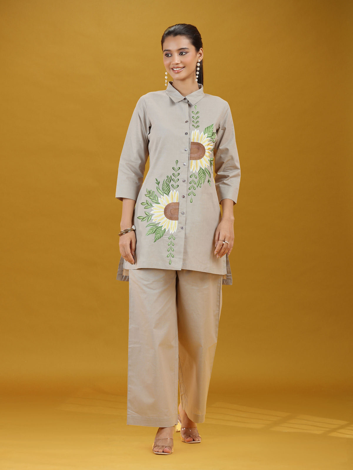 Grey Floral Sunflower Embroidered Pure Cotton Co-ord Set