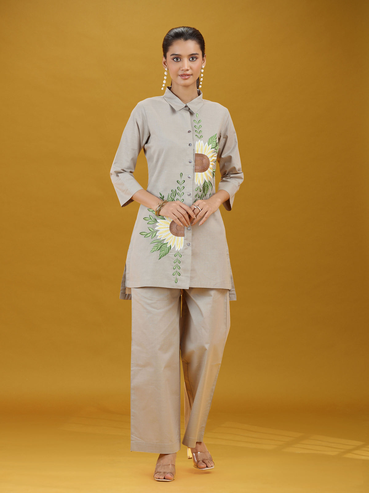 Grey Floral Sunflower Embroidered Pure Cotton Co-ord Set