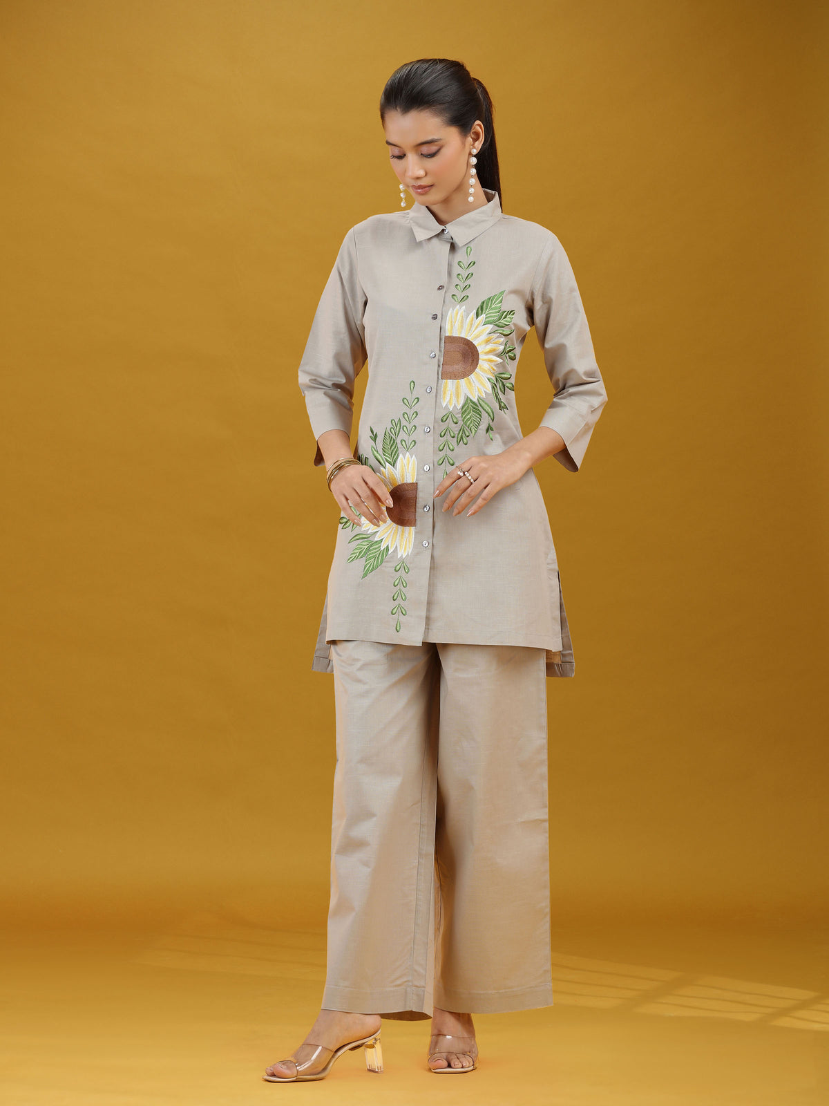 Grey Floral Sunflower Embroidered Pure Cotton Co-ord Set