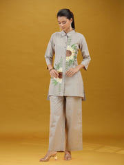 Grey Floral Sunflower Embroidered Pure Cotton Co-ord Set