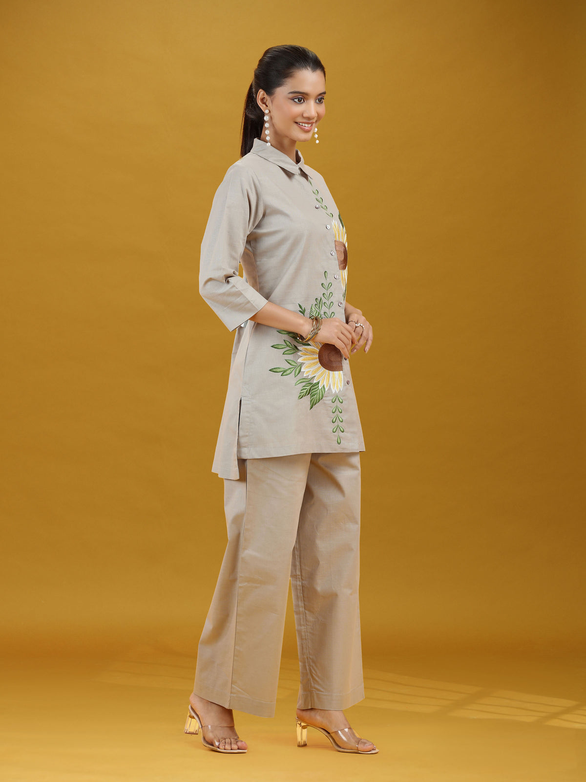 Grey Floral Sunflower Embroidered Pure Cotton Co-ord Set
