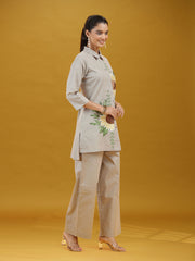 Grey Floral Sunflower Embroidered Pure Cotton Co-ord Set