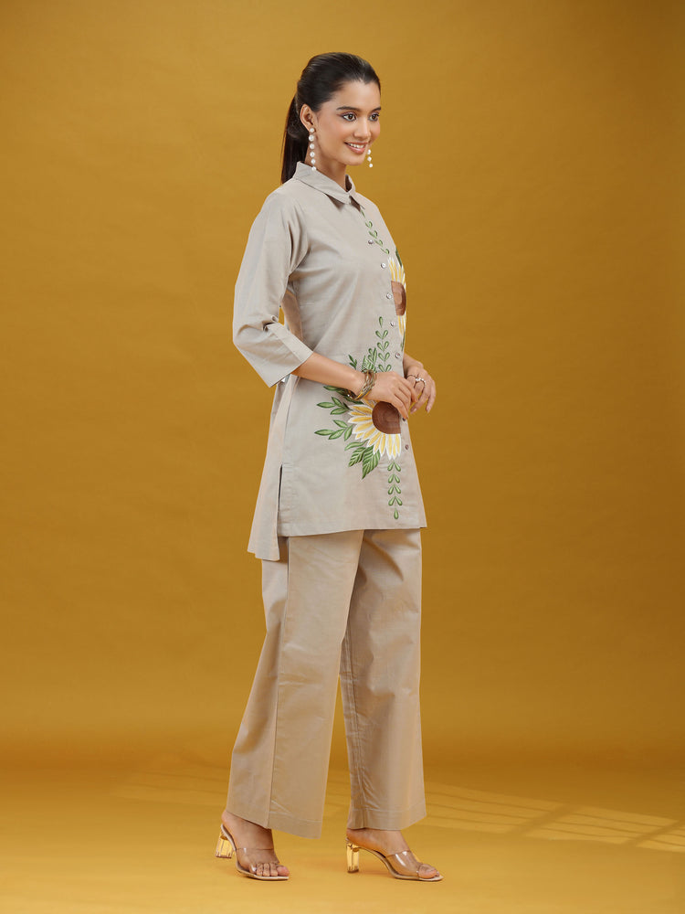 Grey Floral Sunflower Embroidered Pure Cotton Co-ord Set