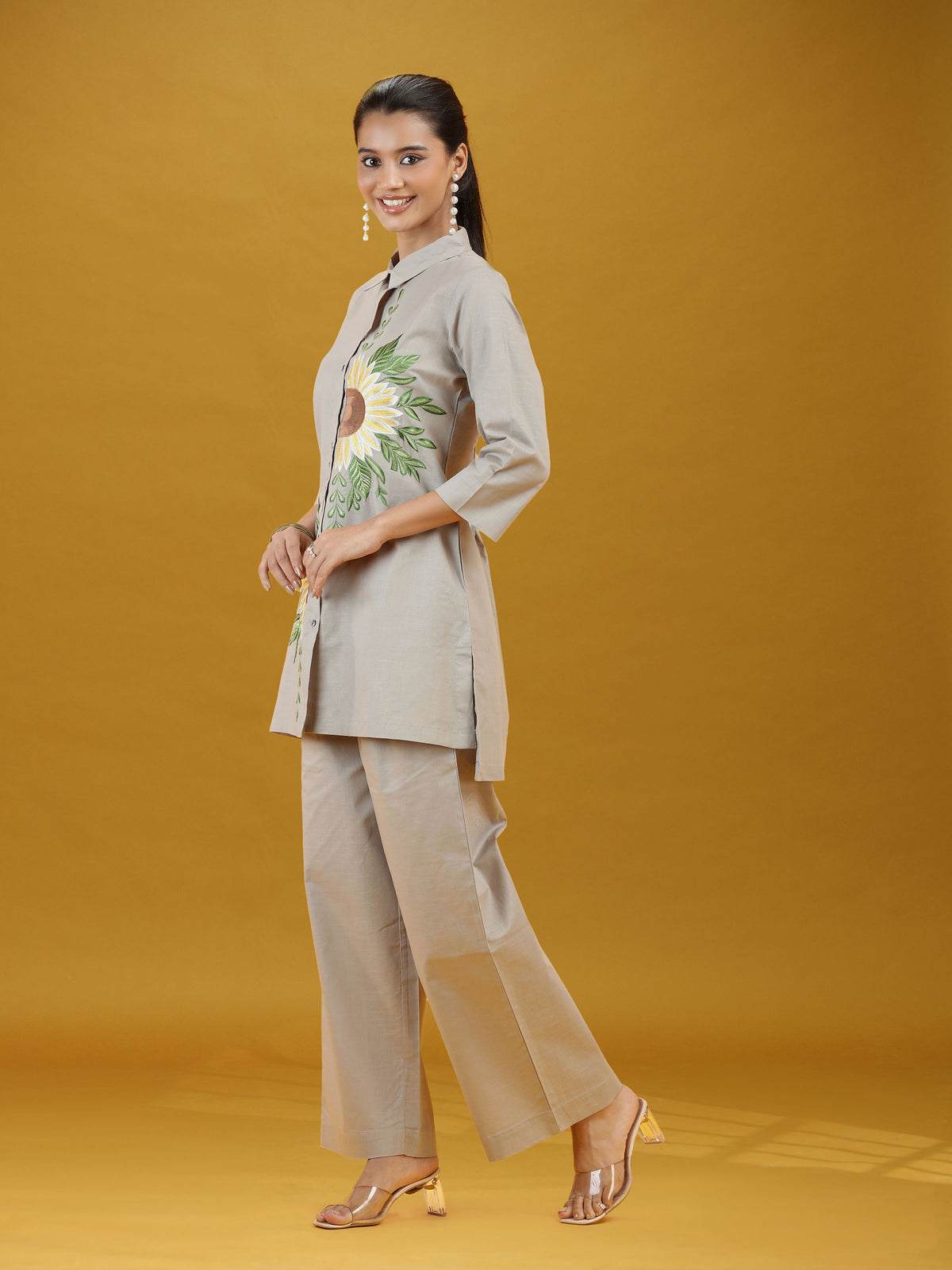 Grey Floral Sunflower Embroidered Pure Cotton Co-ord Set