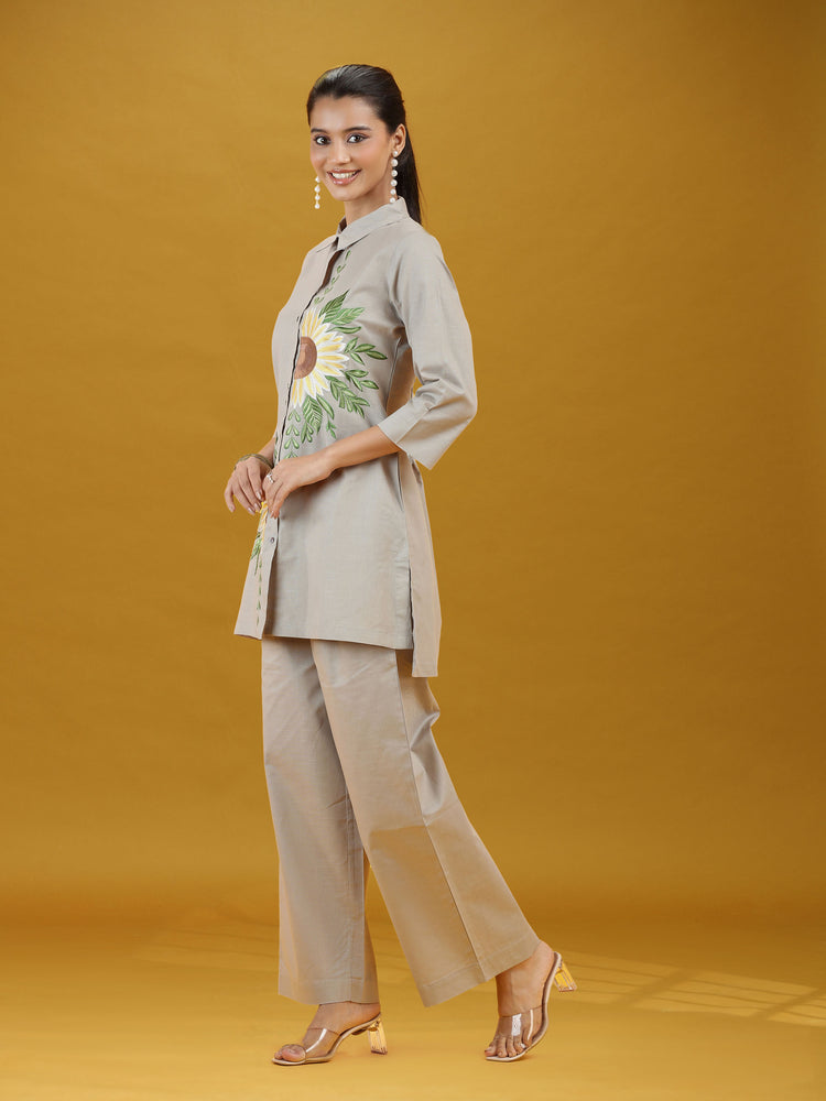 Grey Floral Sunflower Embroidered Pure Cotton Co-ord Set