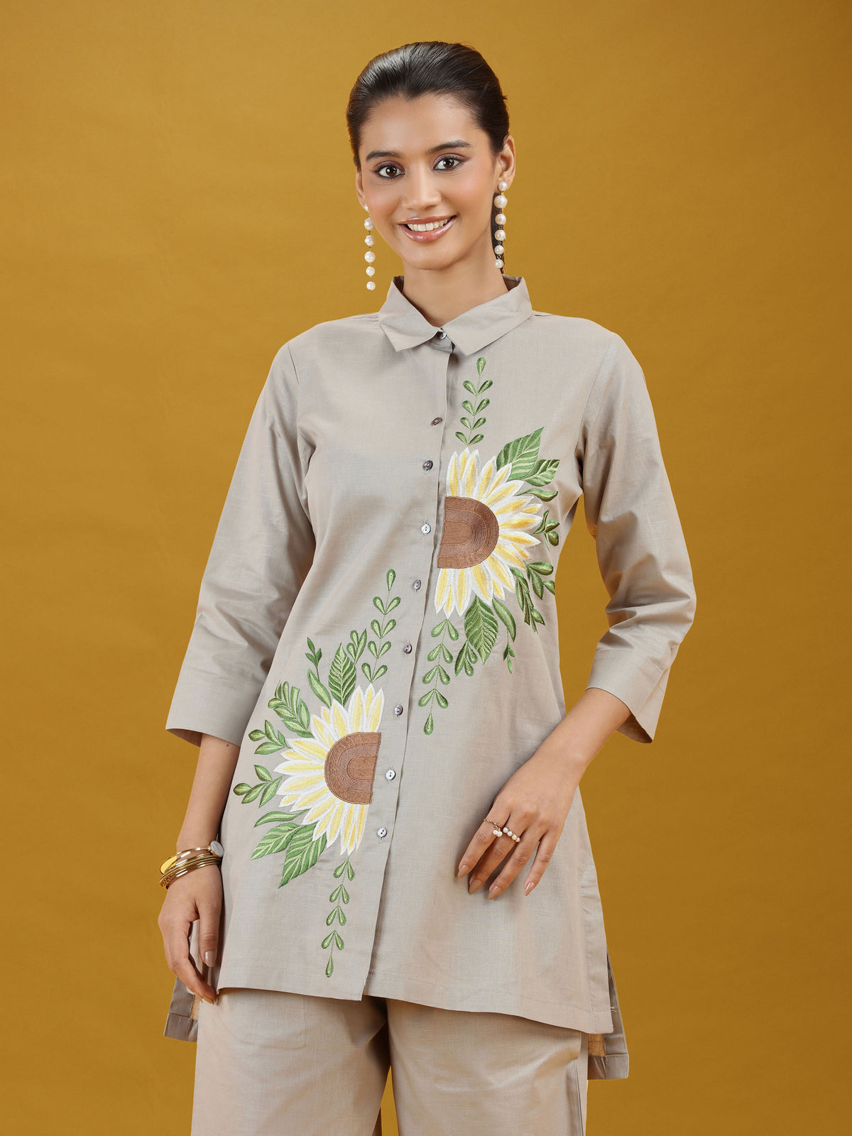 Grey Floral Sunflower Embroidered Pure Cotton Co-ord Set