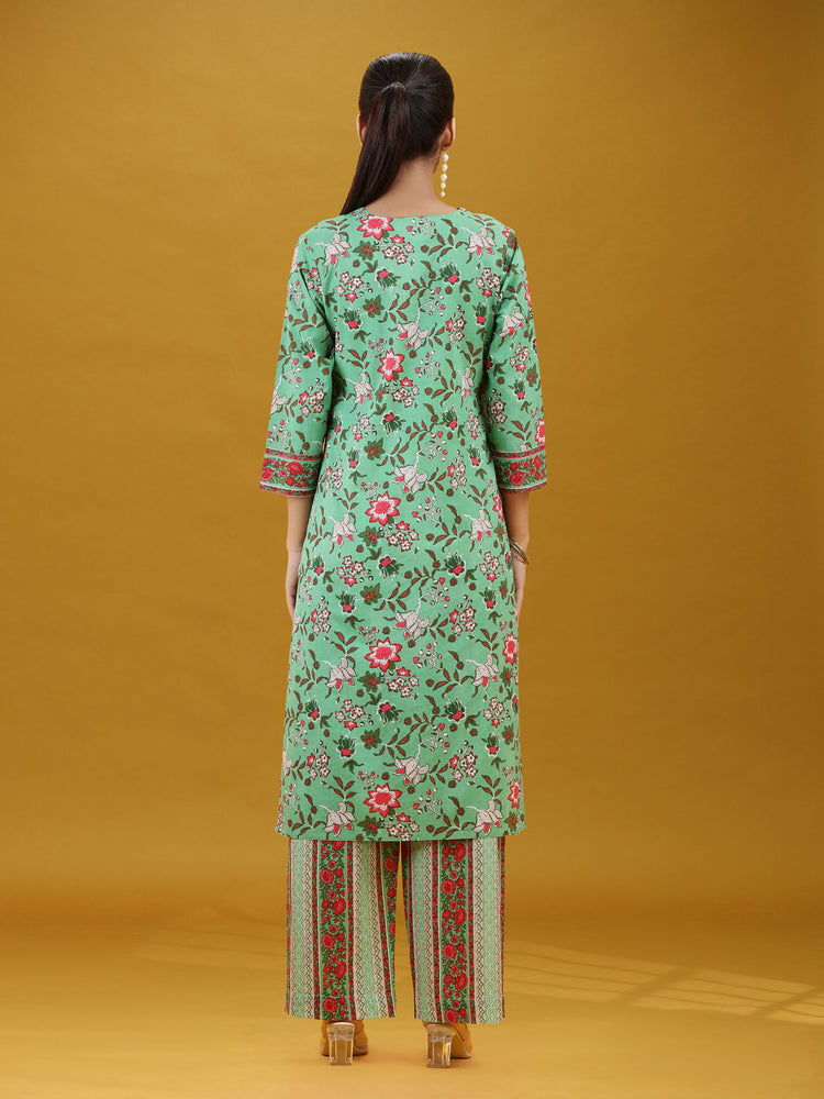 Mint Green Floral Printed Cotton Co-Ord Set