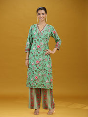 Mint Green Floral Printed Cotton Co-Ord Set