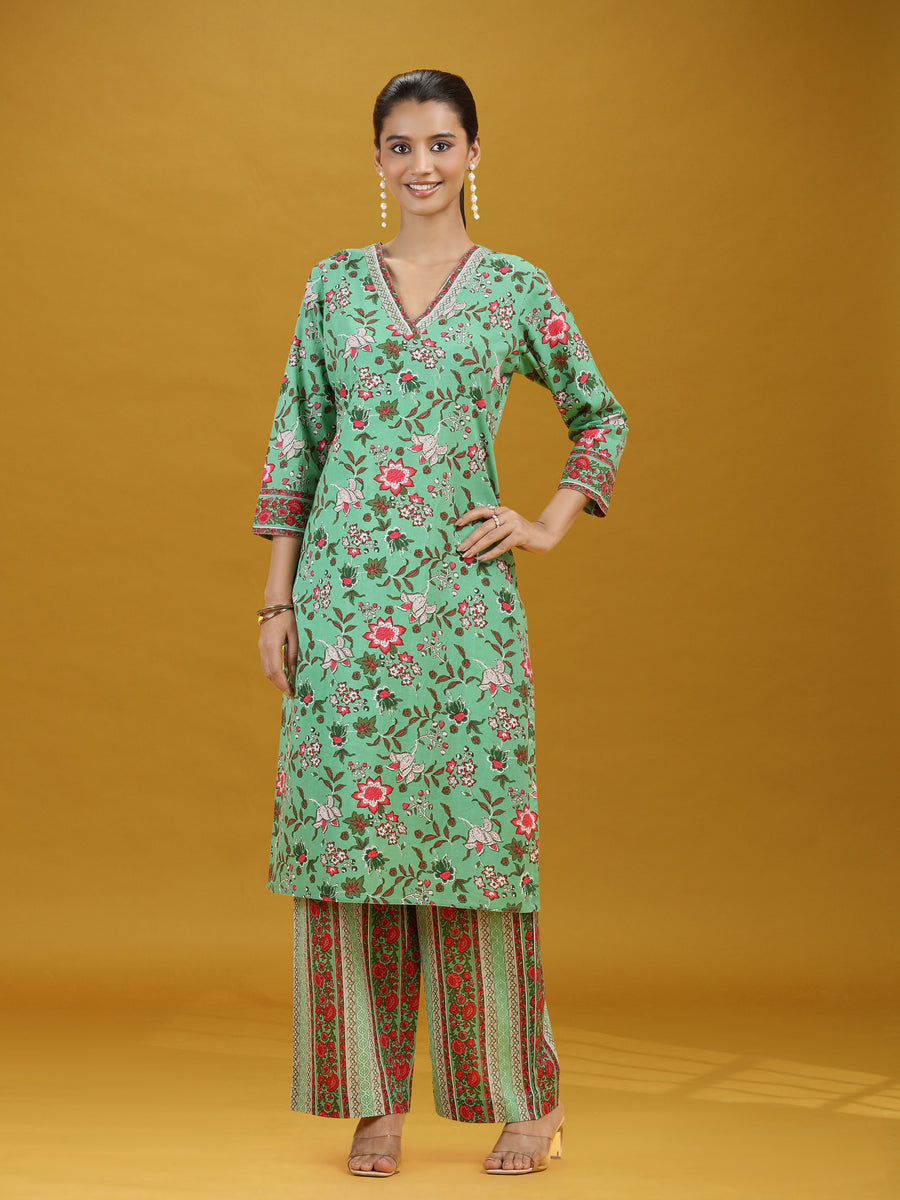 Mint Green Floral Printed Pure Cotton Co-Ord Set