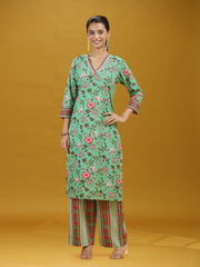Mint Green Floral Printed Cotton Co-Ord Set