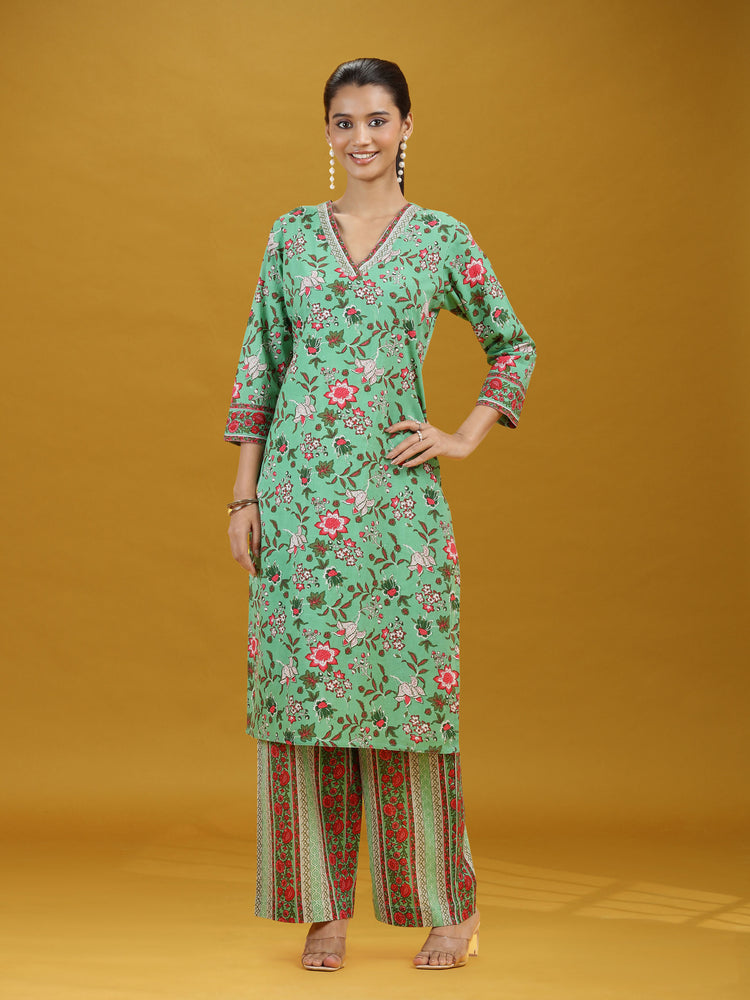 Mint Green Floral Printed Cotton Co-Ord Set
