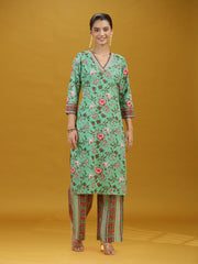 Mint Green Floral Printed Cotton Co-Ord Set