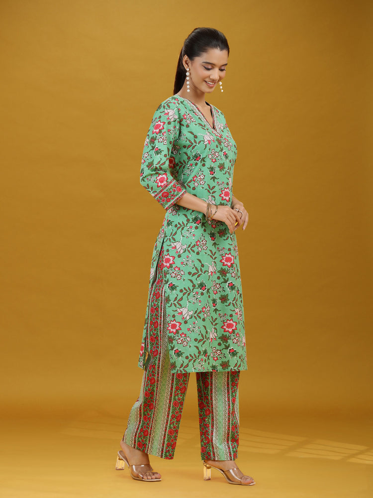 Mint Green Floral Printed Cotton Co-Ord Set