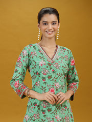 Mint Green Floral Printed Cotton Co-Ord Set