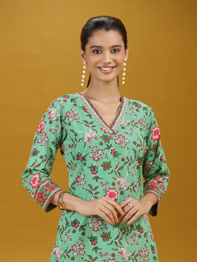 Mint Green Floral Printed Cotton Co-Ord Set