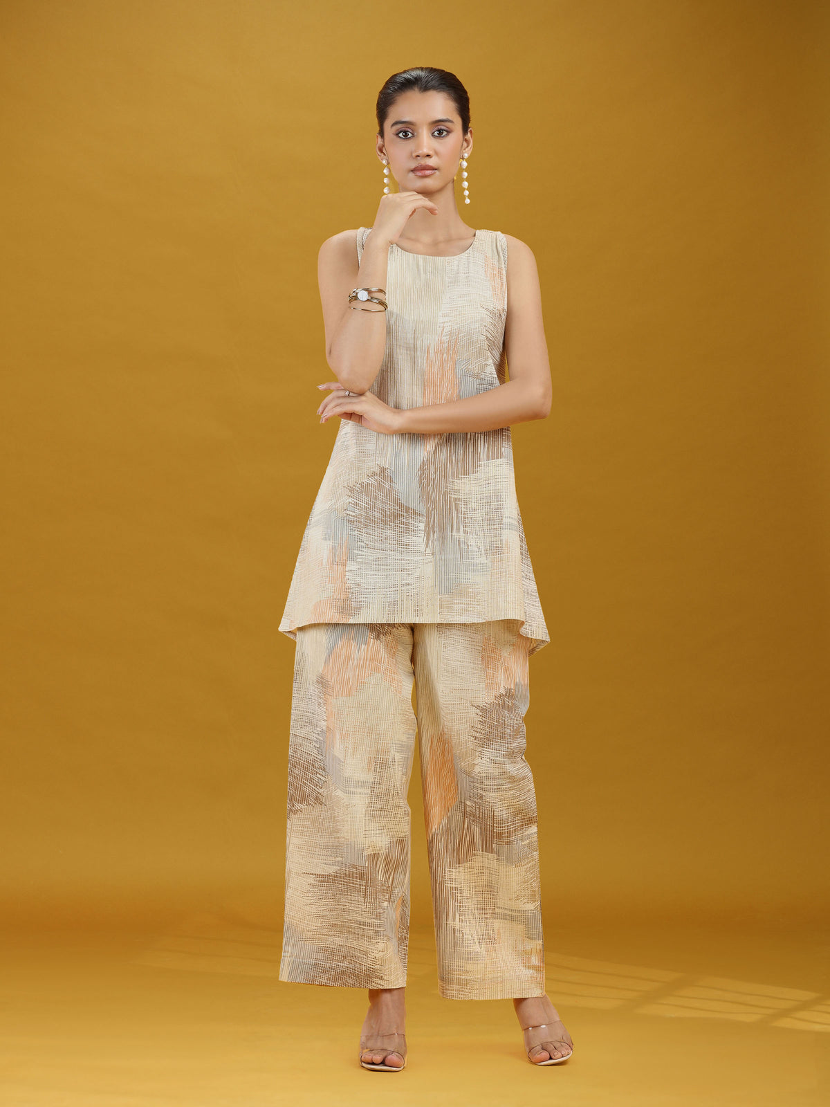 Elegant Abstract Print Pure Cotton Sleeveless Co-Ord Set