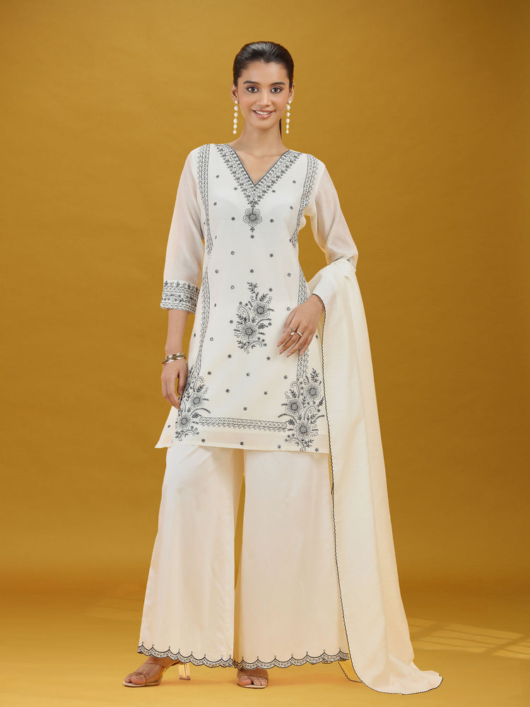 Off White Floral Embroidered Ethnic Suit Set with Dupatta