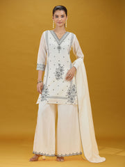 Off White Floral Embroidered Ethnic Suit Set with Dupatta