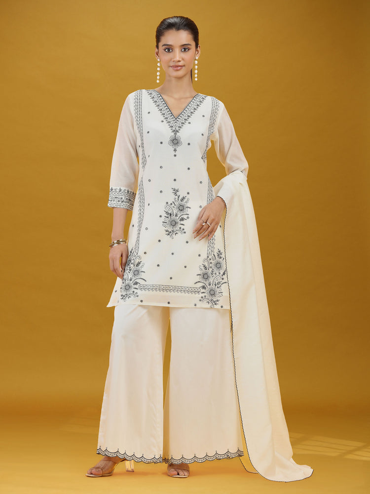 Off White Floral Embroidered Ethnic Suit Set with Dupatta