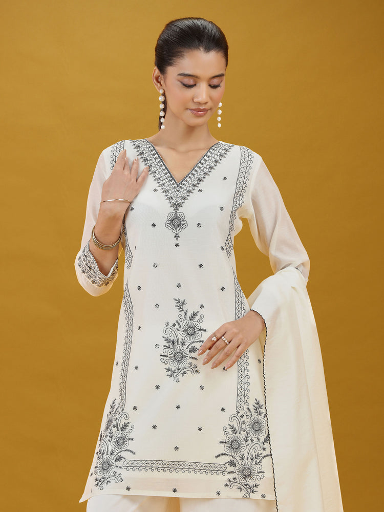 Off White Floral Embroidered Ethnic Suit Set with Dupatta