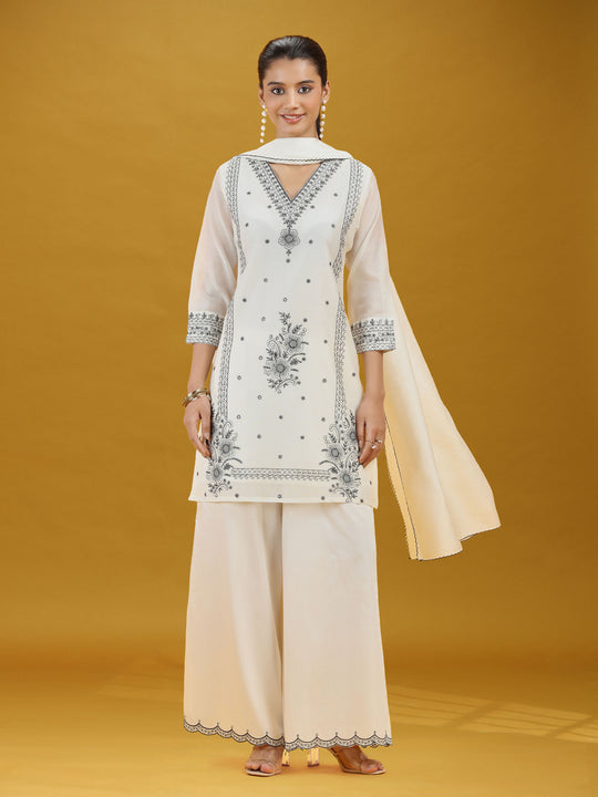 Off White Floral Embroidered Ethnic Suit Set with Dupatta