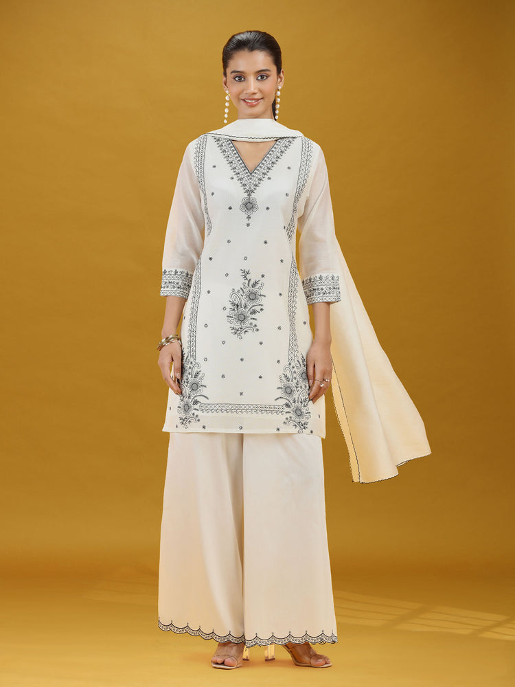 Off White Floral Embroidered Ethnic Suit Set with Dupatta