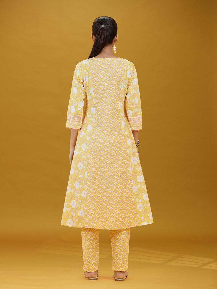Yellow Floral Printed Cotton Ethnic Suit