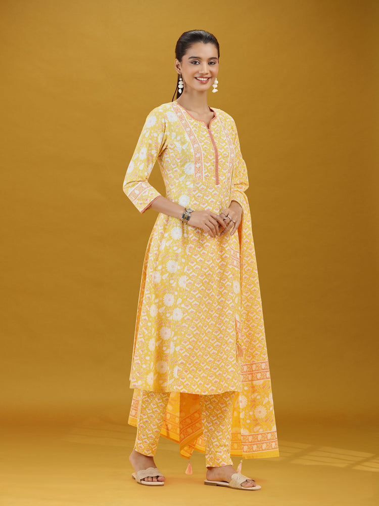 Yellow Floral Printed Cotton Ethnic Suit