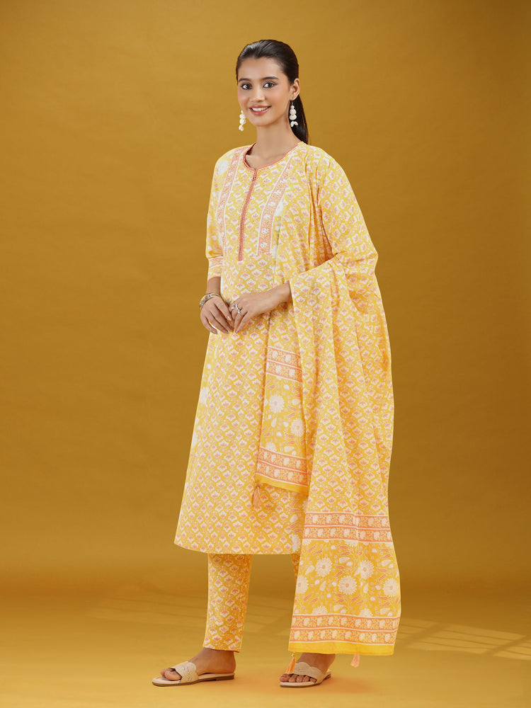 Yellow Floral Printed Cotton Ethnic Suit