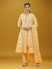 Yellow Floral Printed Cotton Ethnic Suit